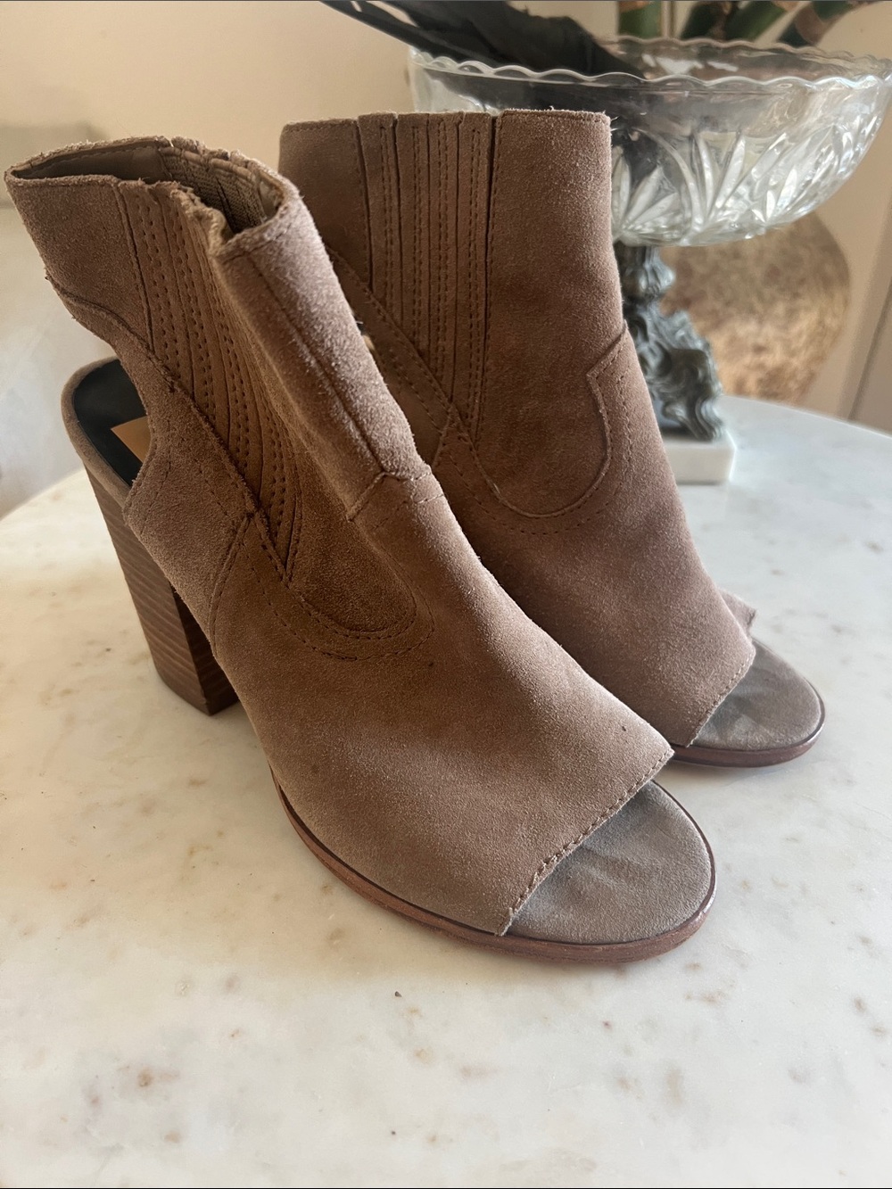 Dolce Vita Taupe Suede Open-Toe Block Heel Booties